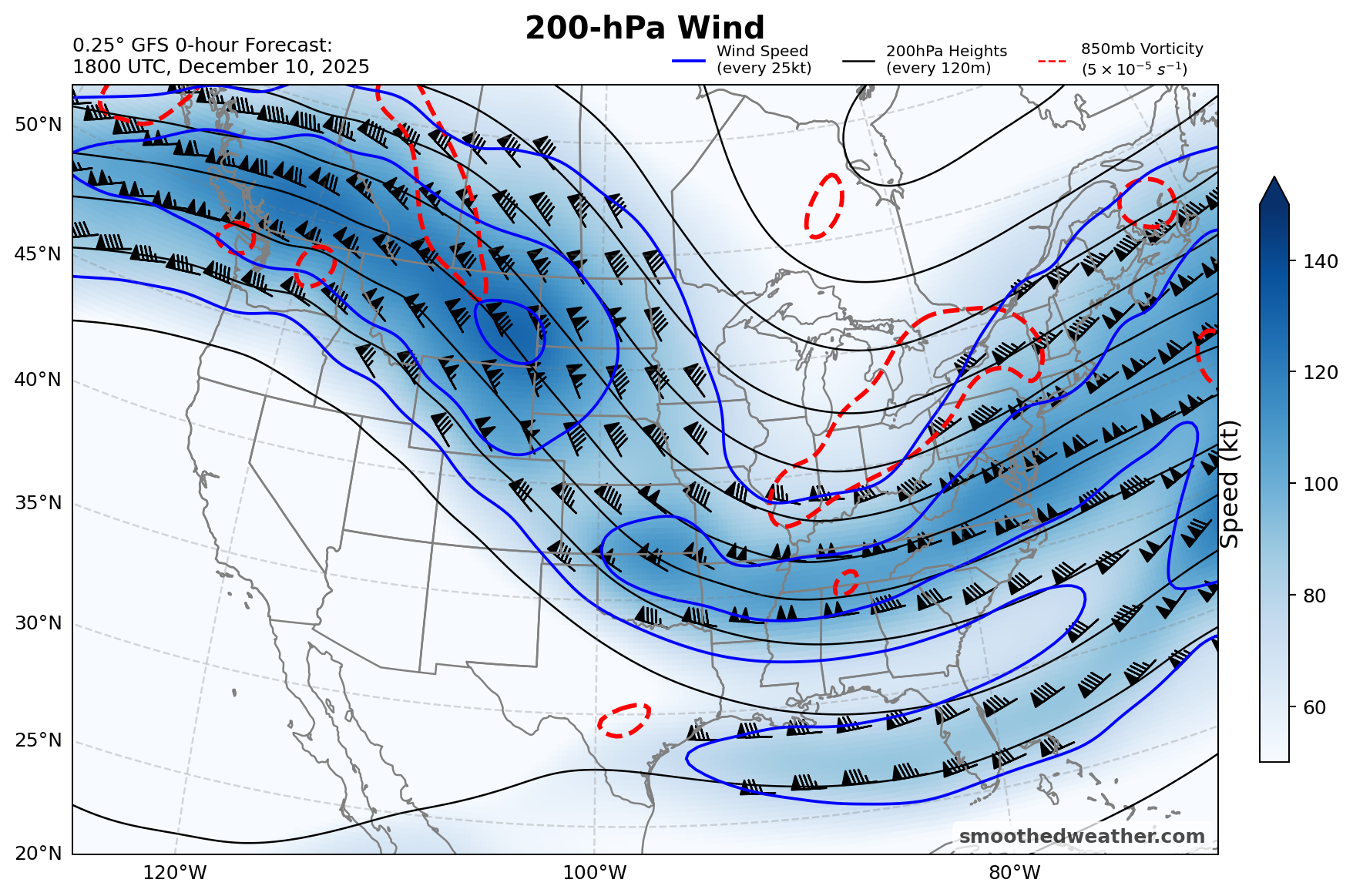 200 millibar level wind speed and barbs.