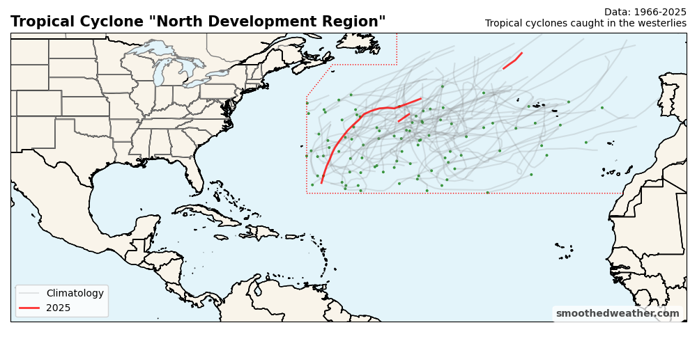 Map of tropical cyclones in the north development region, an area in the north central and north east Atlantic Ocean. Both historical storms and storms from this year are shown.